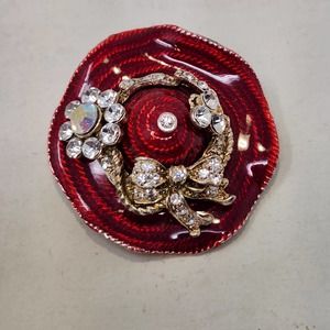 Red Enamel Hat Brooch Pin Clear Rhinestone Bow Flower Costume Fashion Jewelry